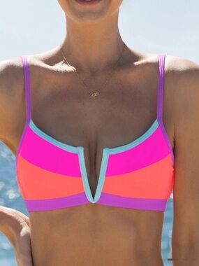 Popvil V-Wire Bikini Top Neon Color Block Patchwork Womens Swimwear Size XL